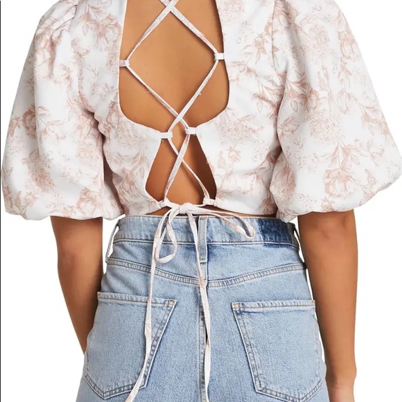 Floral Print puff Sleeve Open Back Blouse - Picture 4 of 7